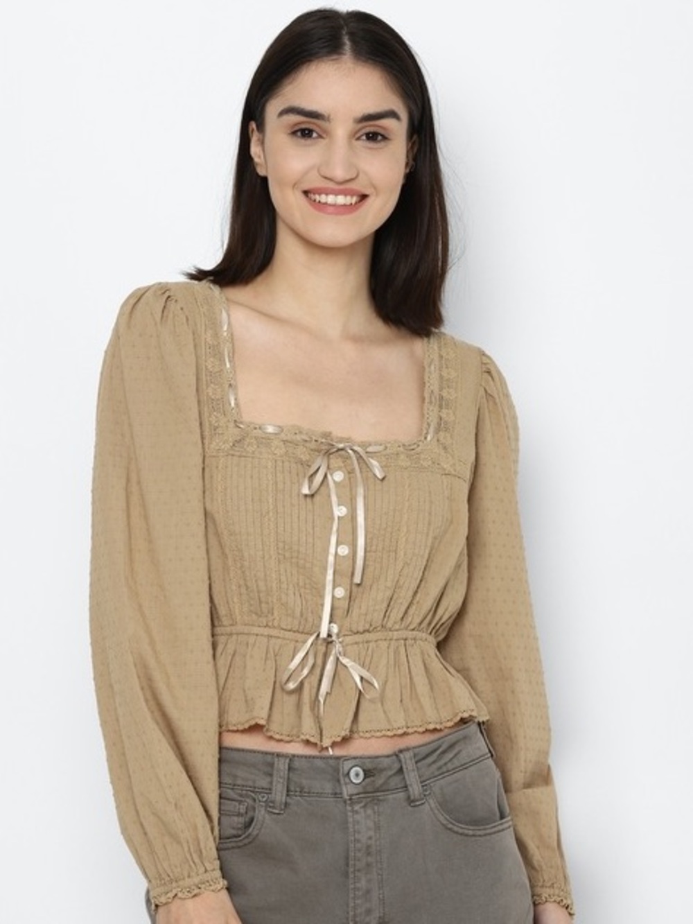 American Eagle Babydoll Ribbon Tie Square Neck Peasant Blouse Tan/Brown Peplum